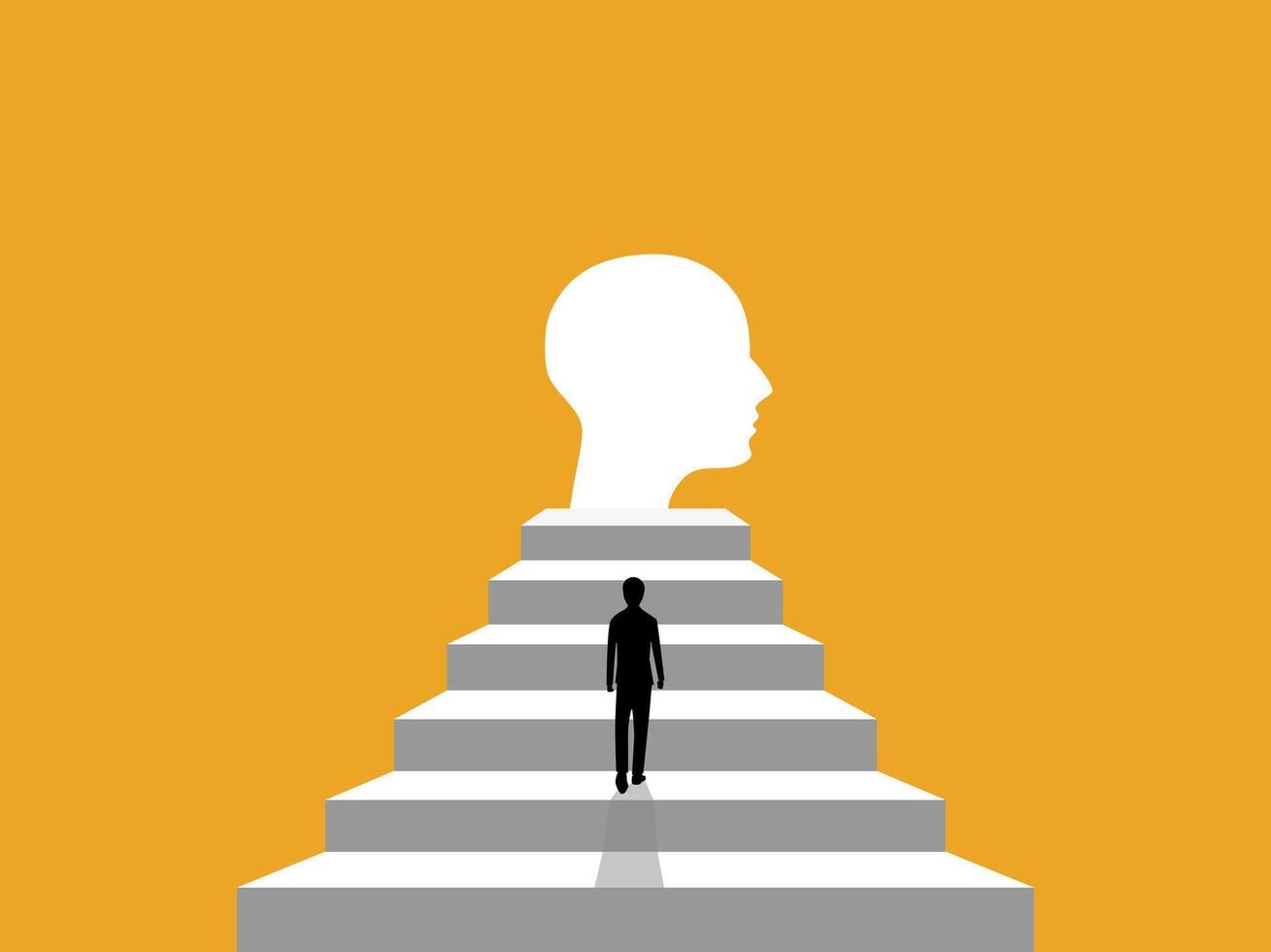 Understand yourself, Mindset, Businessman walks up stairs to head vector
