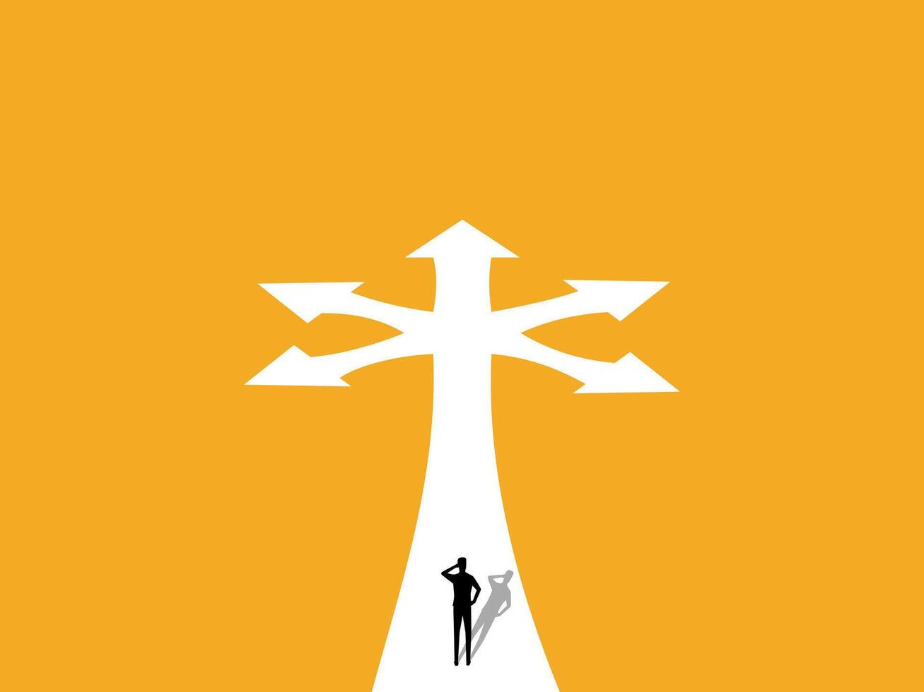 Businessman stands making a decision at the crossroads. vector
