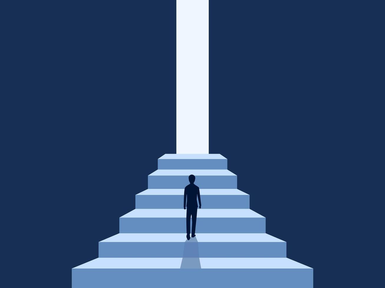 New Opportunity, Businessman Walks Up Stairs Finds Exit Big Door vector