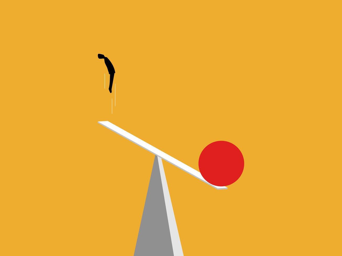 Try to overcome yourself, businessman jumps high with a seesaw vector