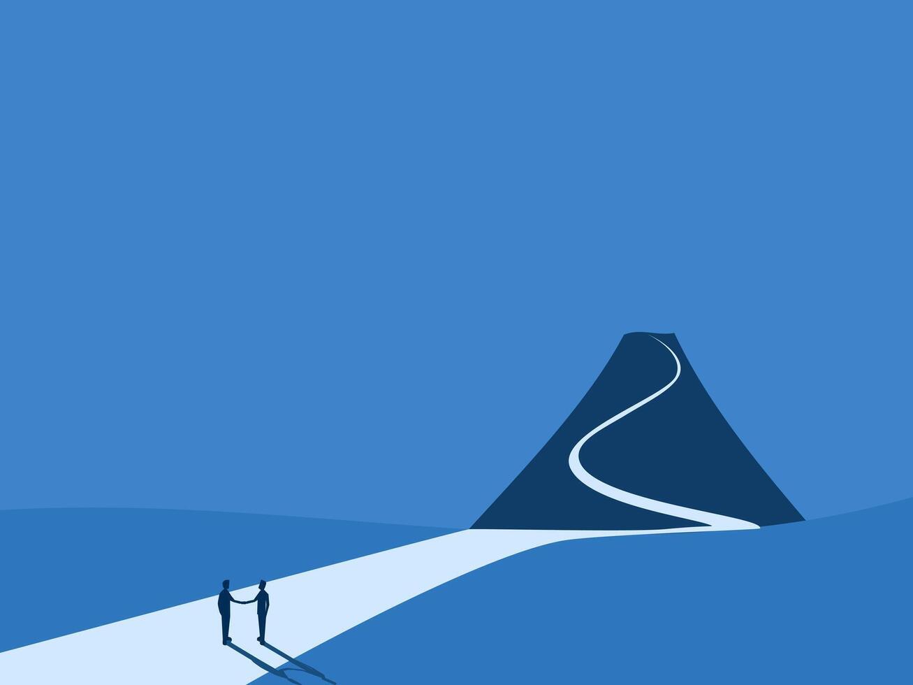 Working together, two businessmen join hands to conquer the mountain vector
