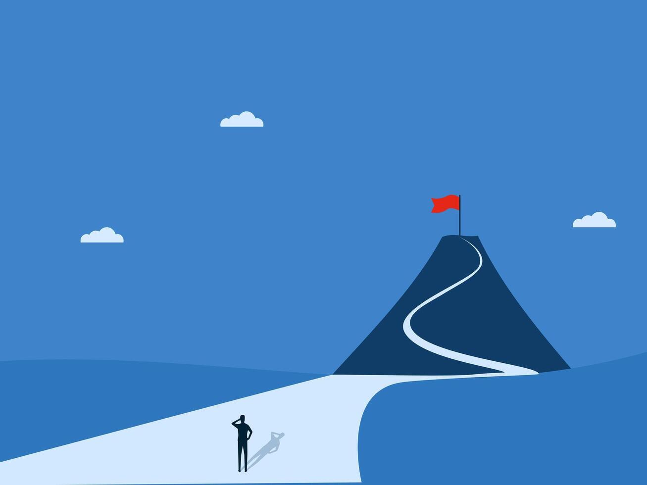 man looking at the red flag on the mountaintop on the path of success vector