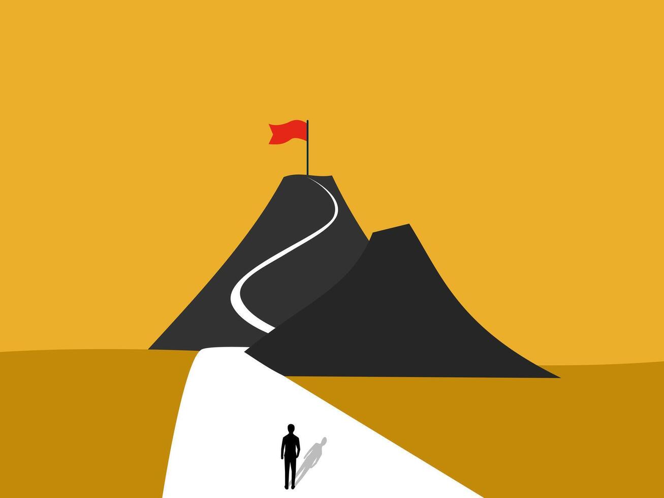 Goal of success, businessman looking at victory flag on top of mountain vector