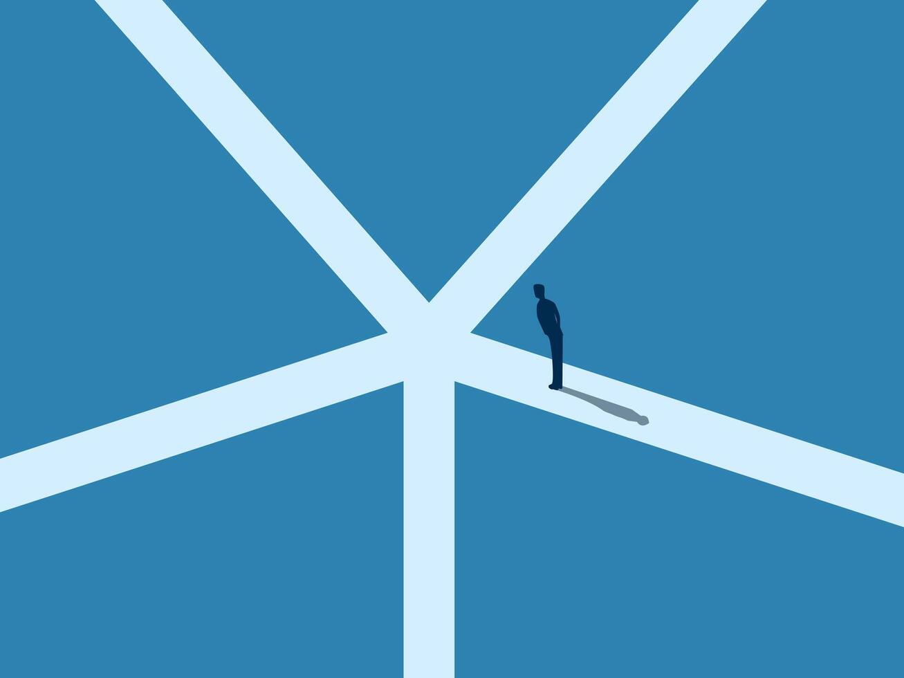 Businessman confused when looking at many paths vector