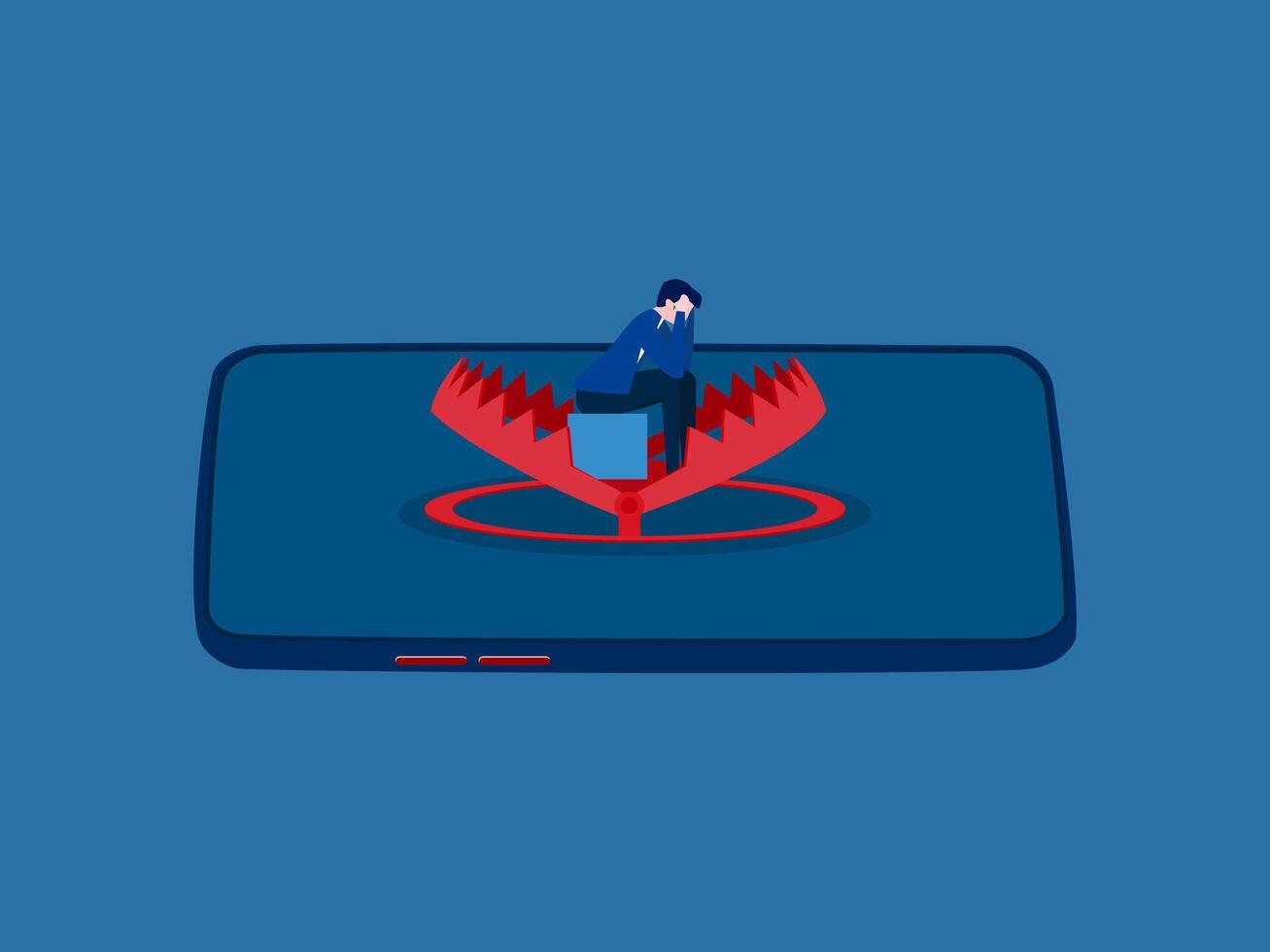 Businessman sitting stressed stuck on smartphone trap vector