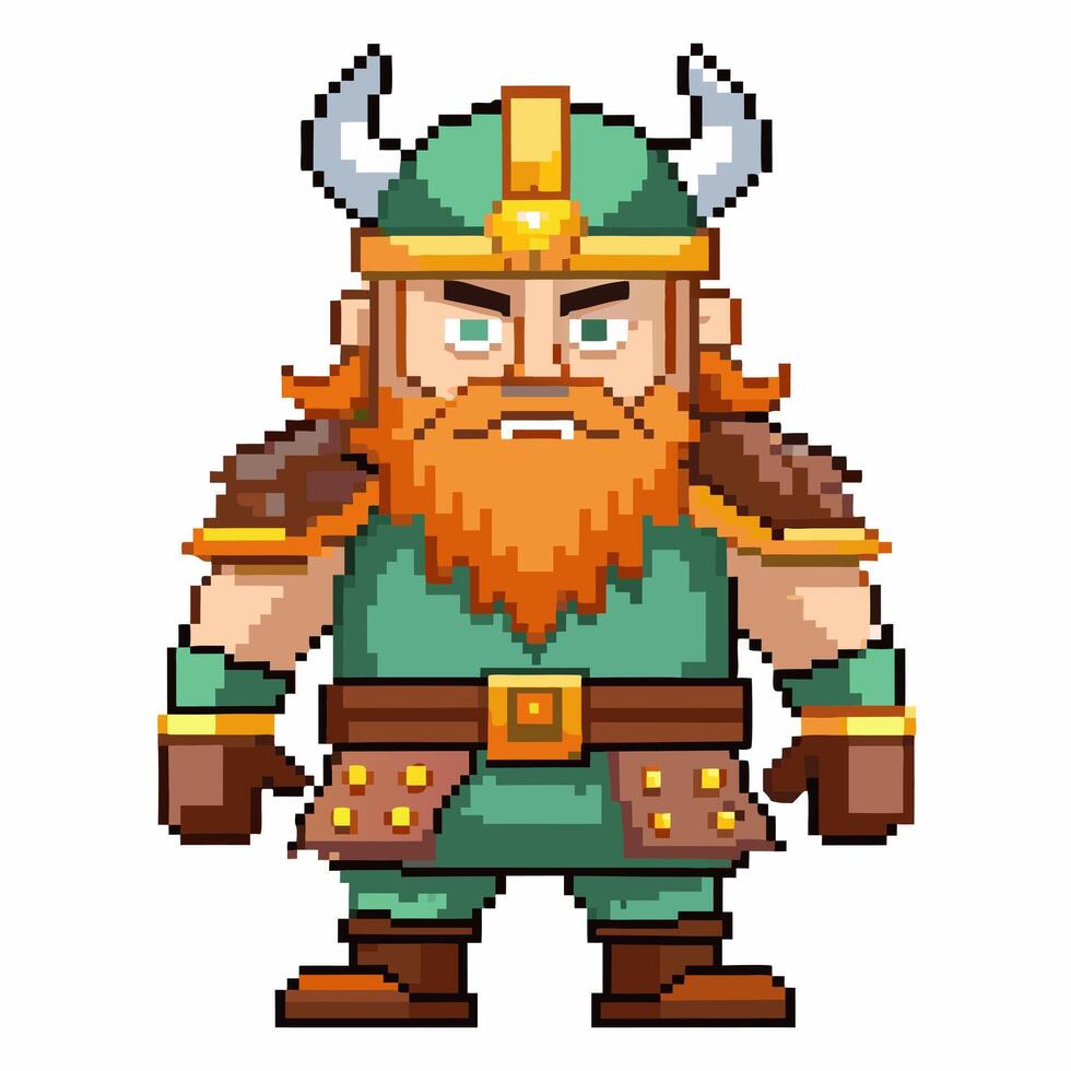 Pixel Art Viking Warrior Character with Axe and Helmet in Retro Game Style vector