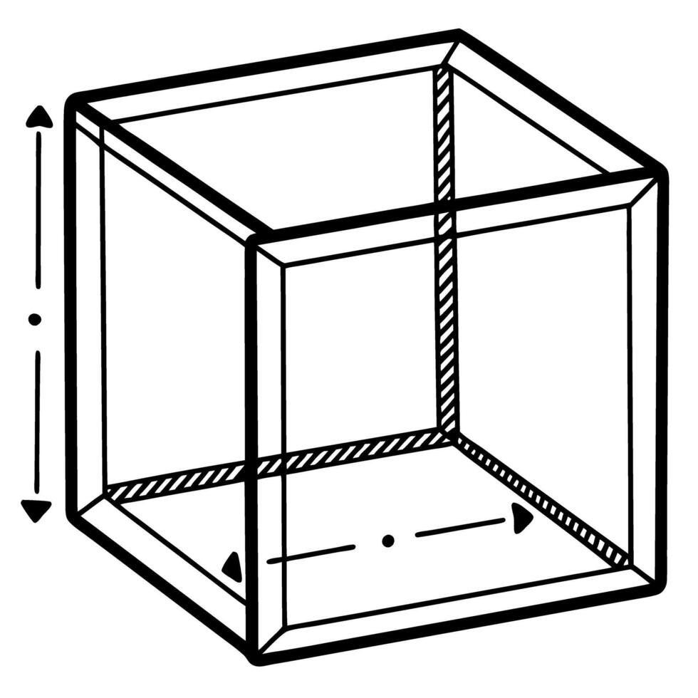 Transparent cube illustration with dimensions and geometric lines, featuring isometric perspective in black and white vector