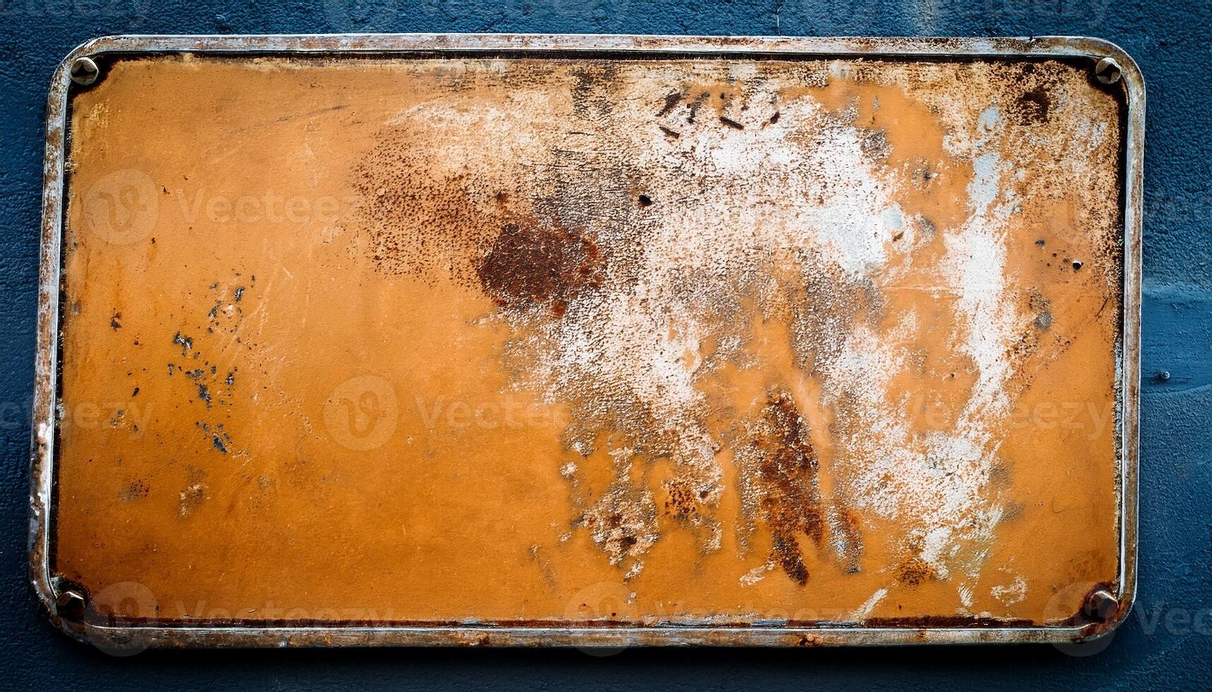 Weathered Metal Sign on a Blue Wall Showing Age and Wear With Rust and Scratches From Years of Exposure photo
