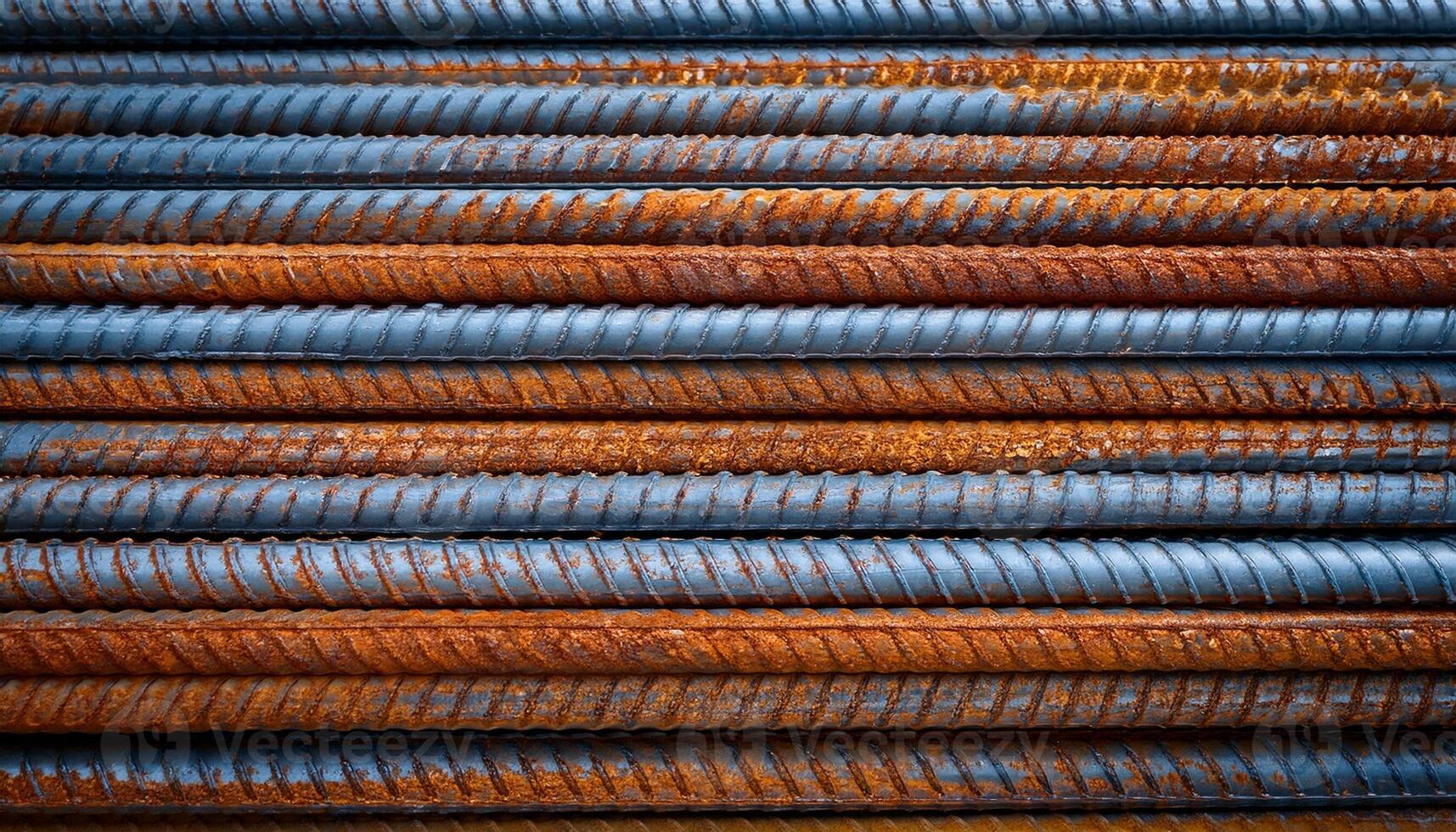 Rusty Steel Bars Stacked Neatly on Construction Site Showing Signs of Wear Over Time During Daylight Hours photo