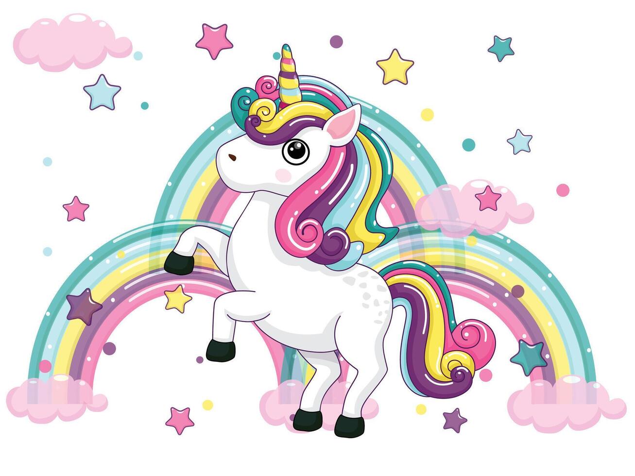 Cute Cartoon Unicorn Characters. Star and rainbow colorful. art illustration with happy animal cartoon03 vector