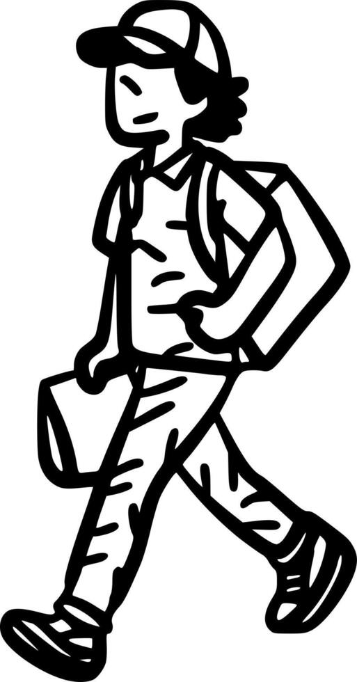 Hand-Drawn Black and White Package Courier Running Doodle Illustration vector