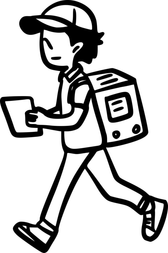 Hand-Drawn Black and White Postman Holding a Package Doodle Illustration vector