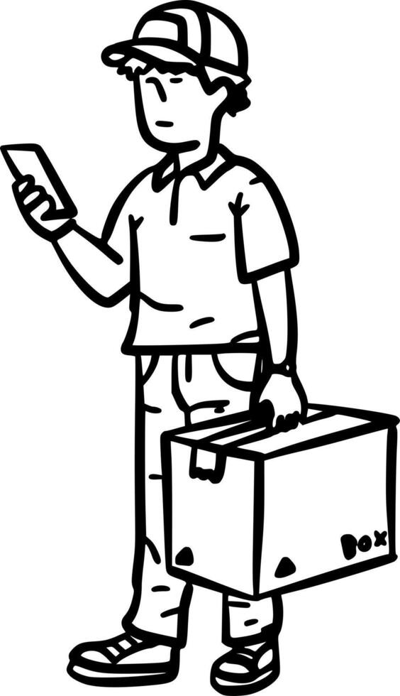 Hand-Drawn Black and White Express Delivery Person Doodle Illustration vector