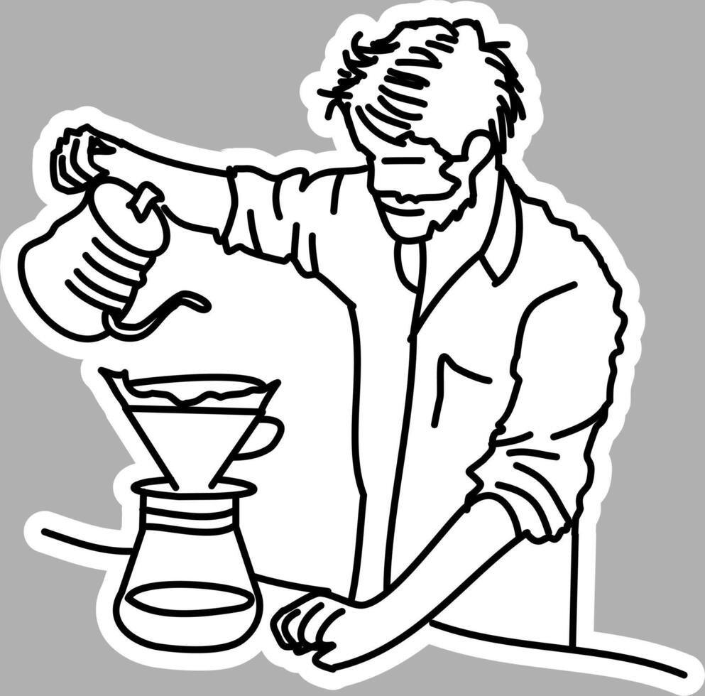 Hand-Drawn Barista Pouring Coffee, Black and White Sketch vector