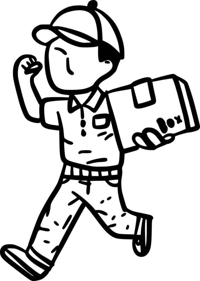 Hand-Drawn Black and White Delivery Man Carrying a Package Doodle Illustration vector