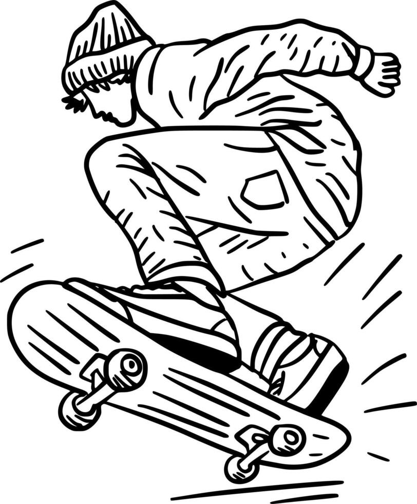 Hand-Drawn Black and White Young Man Performing Skateboard Tricks Extreme Sport Doodle Illustration vector