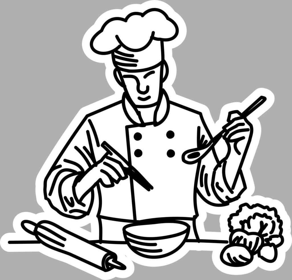 Hand-Drawn Chef Cooking, Black and White Sketch vector