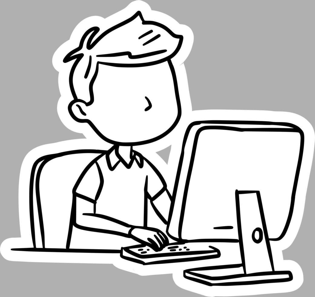 Hand-Drawn Kid Using Computer, Black and White Sketch vector