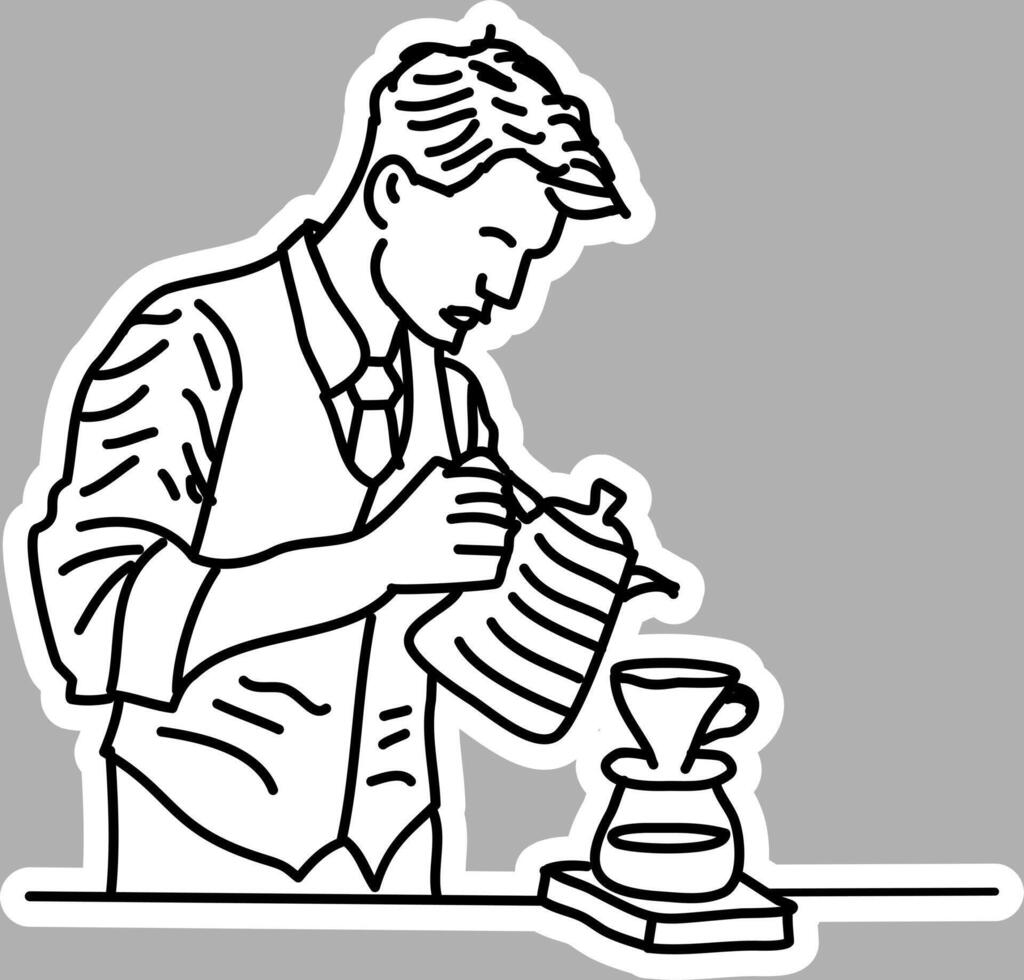 Detailed Barista Making Pour Over Coffee, Classic Hand-Sketched Artwork vector