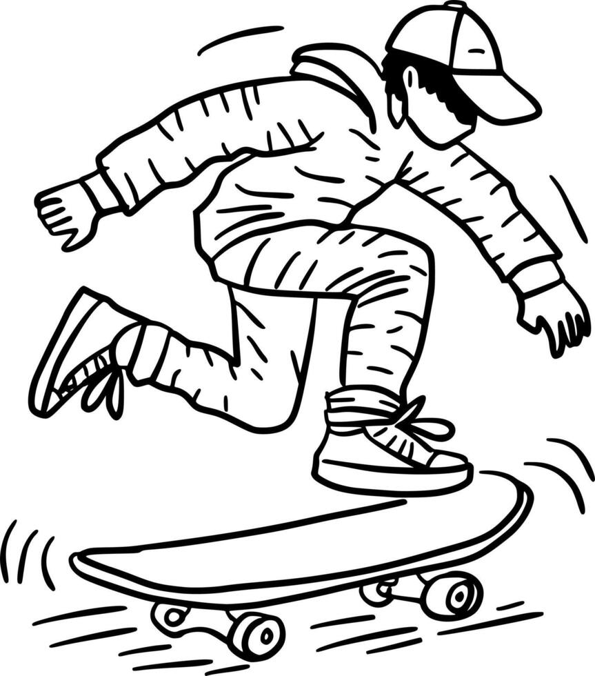 Hand-Drawn Black and White Skateboarding Action Scene Doodle Illustration vector