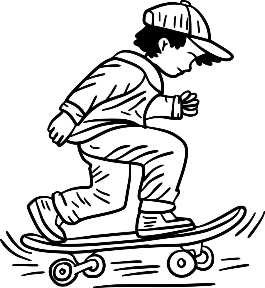 Hand-Drawn Black and White Cool Skater Performing Tricks Doodle Illustration vector