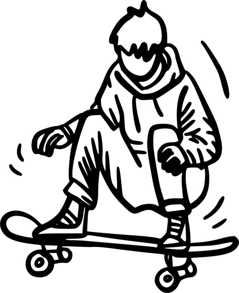 Hand-Drawn Black and White Skateboarder in Mid-Air Trick Doodle Illustration vector