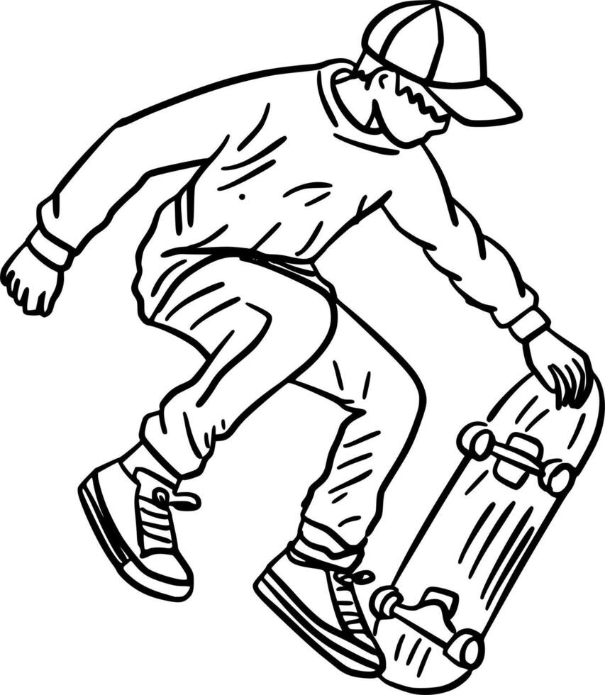 Hand-Drawn Black and White Teen Skater Doing an Ollie Doodle Illustration vector