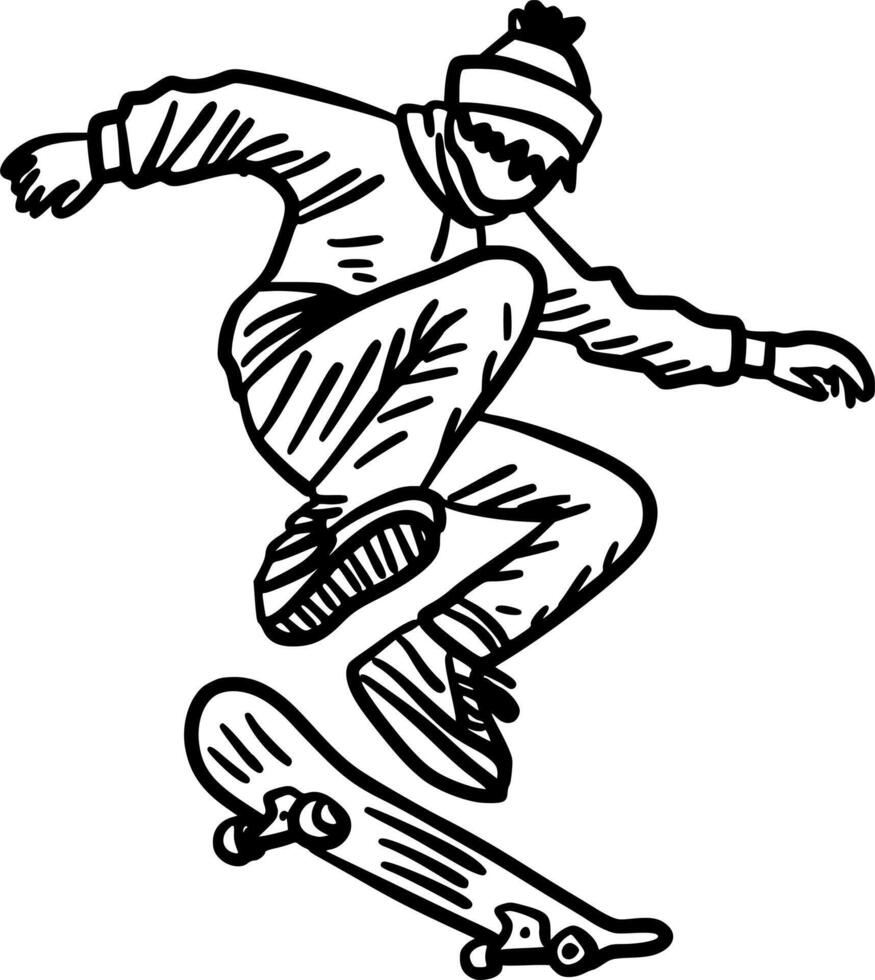 Hand-Drawn Black and White Extreme Skateboarding Stunt Doodle Illustration vector