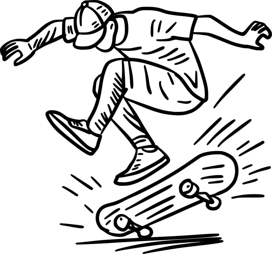 Hand-Drawn Black and White Street Skater Showing Skills Doodle Illustration vector