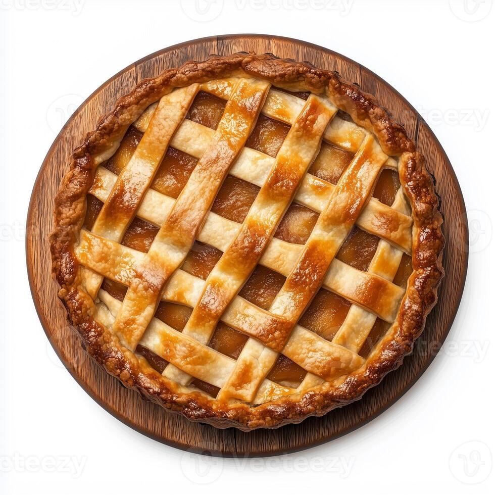 Lattice-topped Apple Pie Sitting on a Wooden Board in a Cozy Kitchen Setting photo