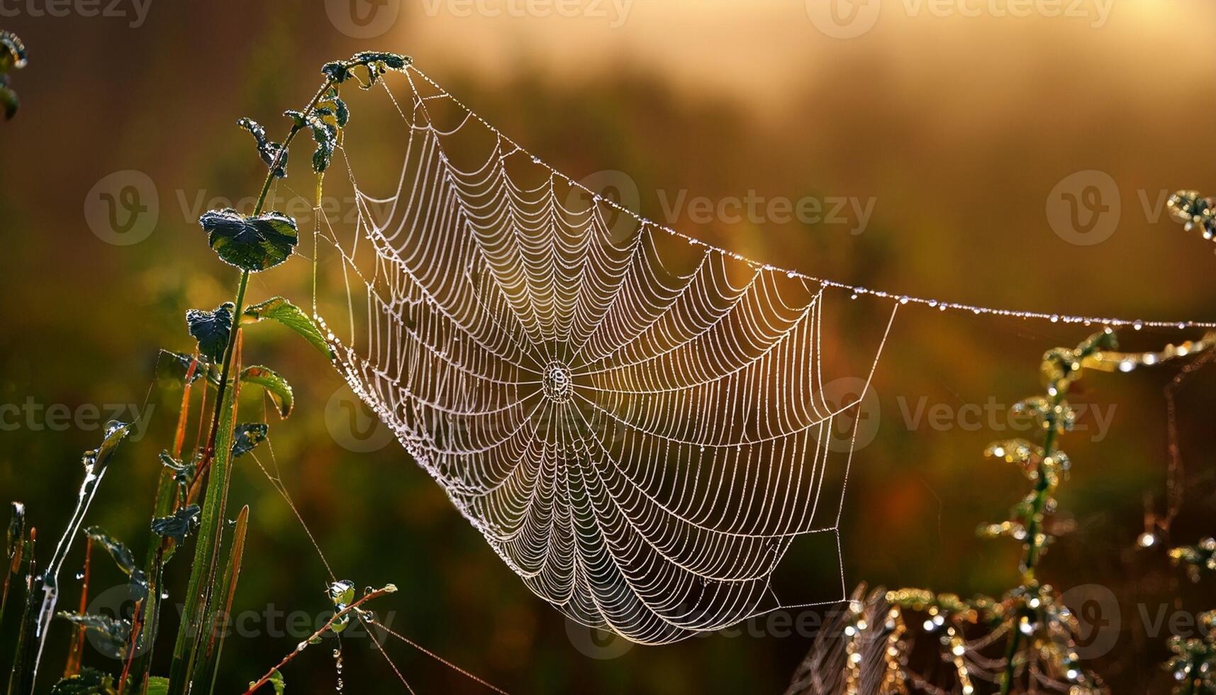 Dew-covered Spider Web Glistens in Sunrise Light Over a Grassy Field With Soft Background Bokeh photo