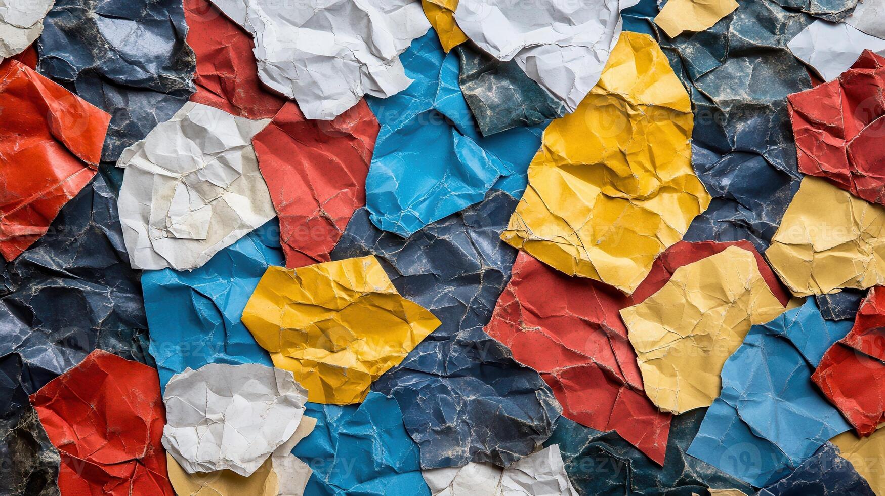 A wall covered in crumpled paper with many different colors photo