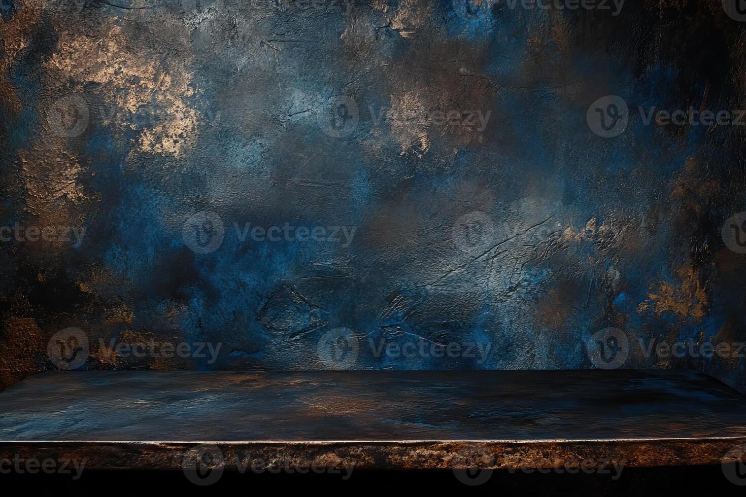 Dark blue textured wall backdrop, wooden shelf, studio product display photo