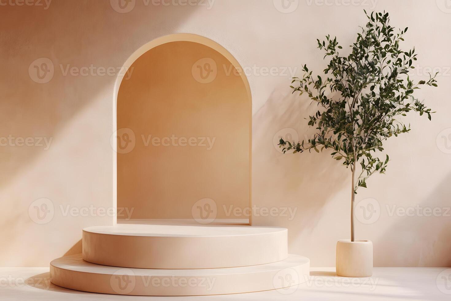 Beige Studio Podium, Arch, Plant, Sunlight, Mockup photo