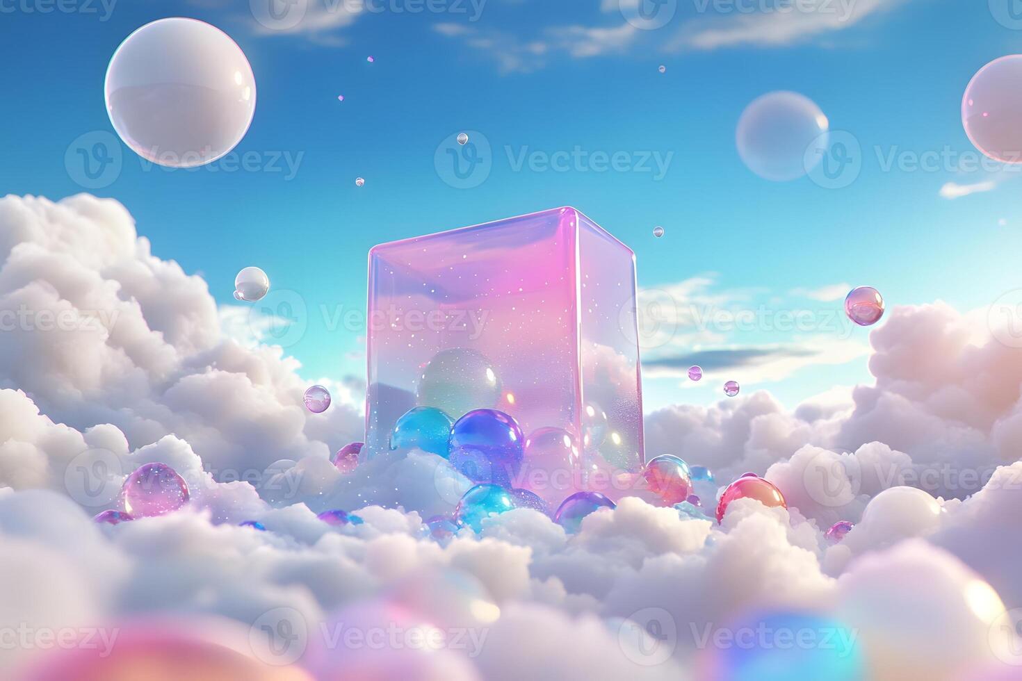 Iridescent cube amidst clouds, floating orbs, dreamy sky photo