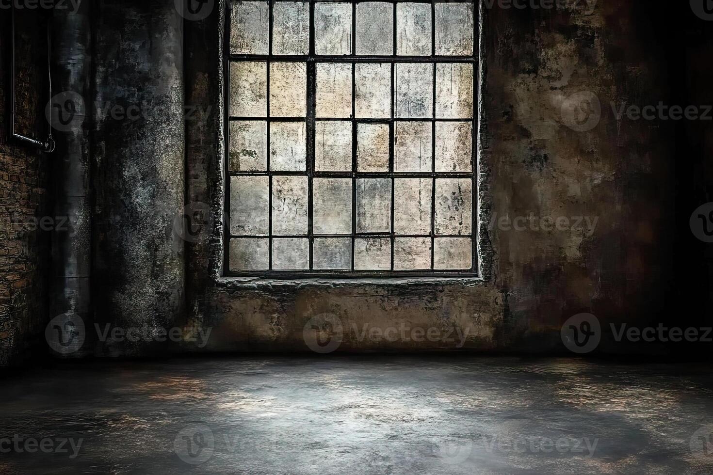 Dark Room, Industrial Window, Grungy Floor, Background, Design photo