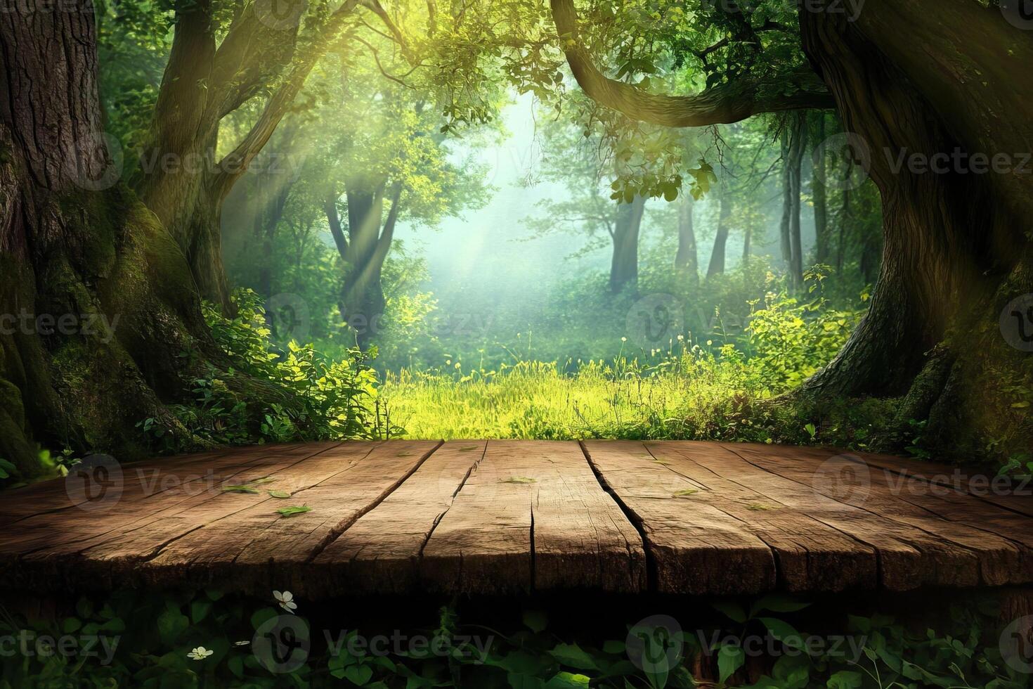 Forest scene, wooden platform, sunlit clearing, nature background, product display photo
