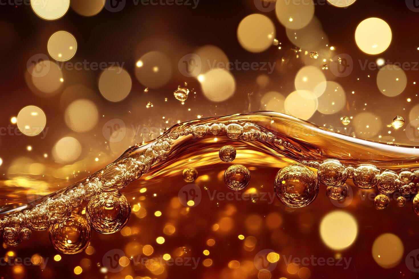 Golden liquid wave, bokeh background, bubbles, splash photo