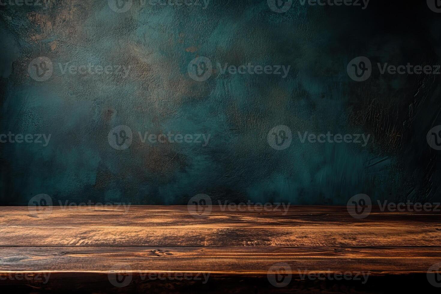 Dark wood table, teal textured backdrop photo