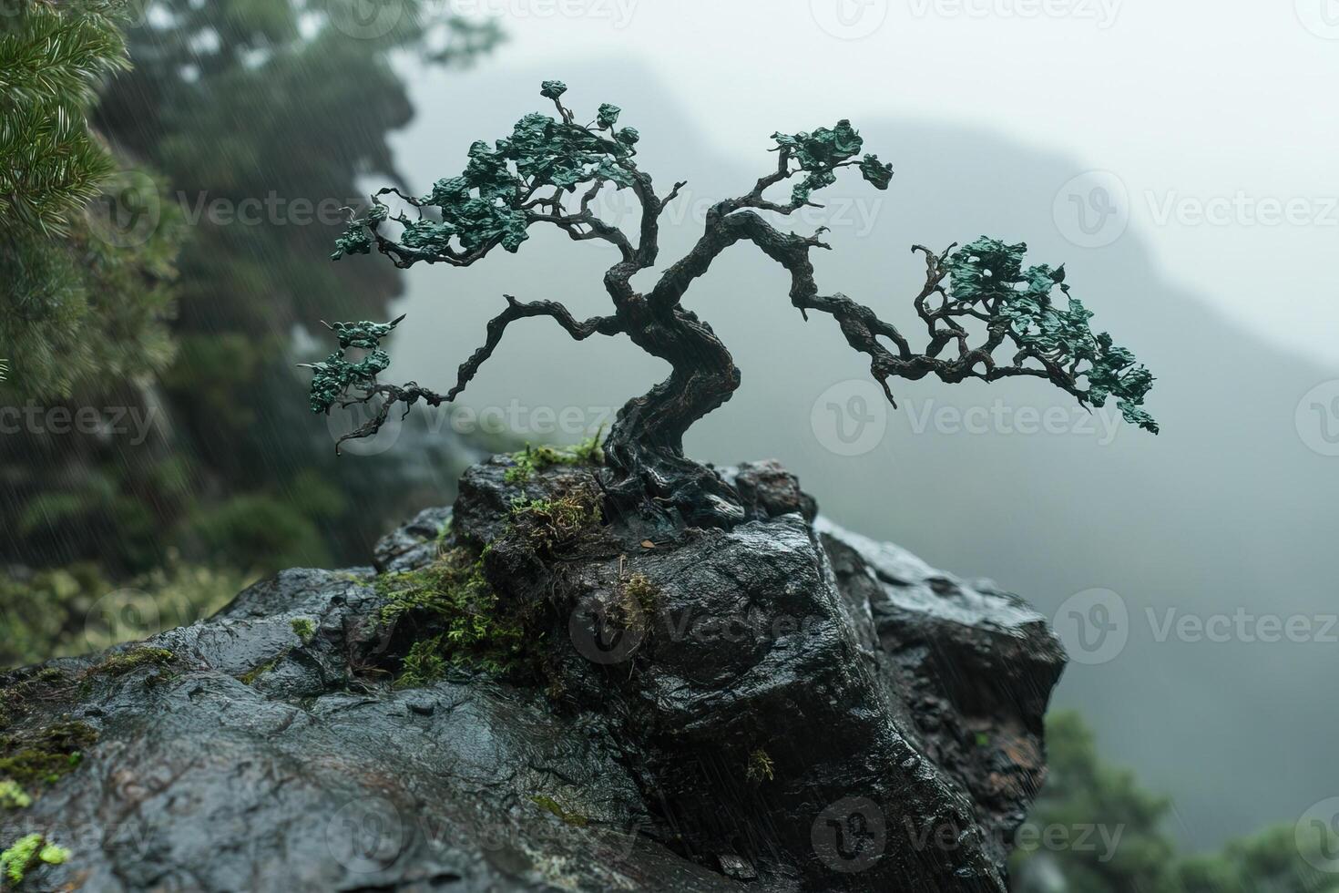 Bonsai tree, mountaintop, misty, serene, nature photo