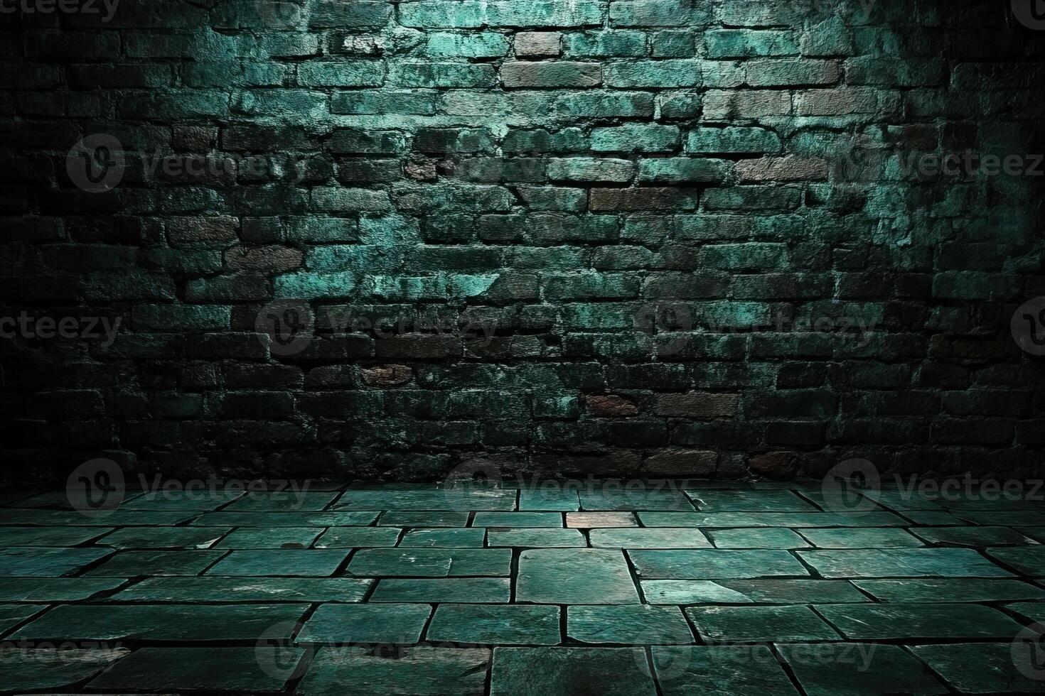 Dark teal brick wall, stone floor, moody background, design texture photo