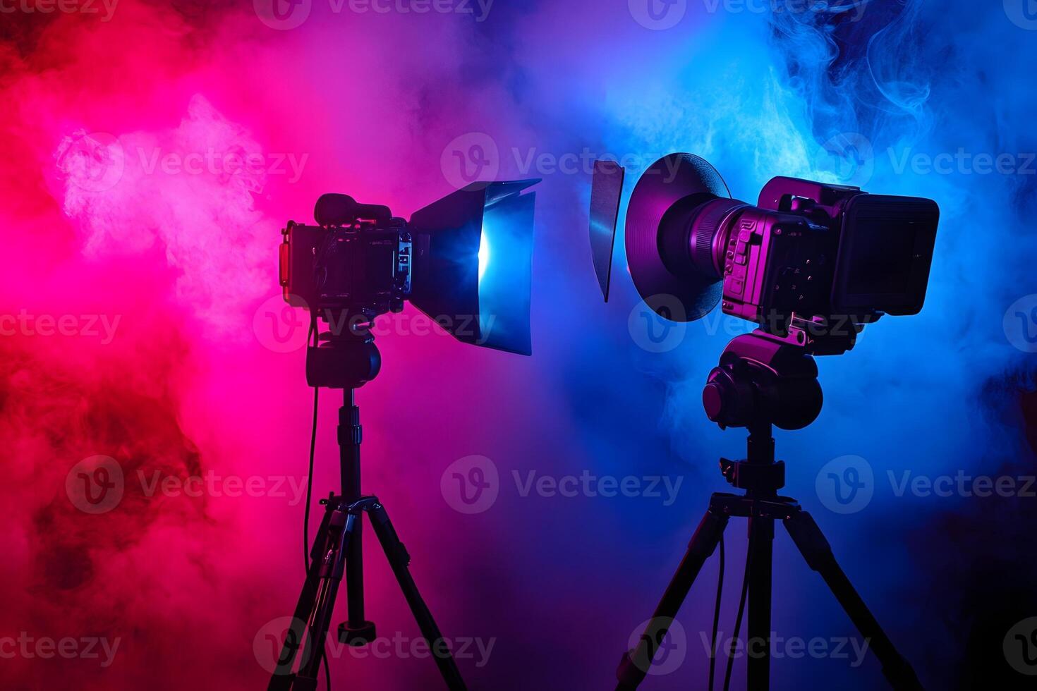 Filmmaking cameras studio setup, smoky backdrop photo