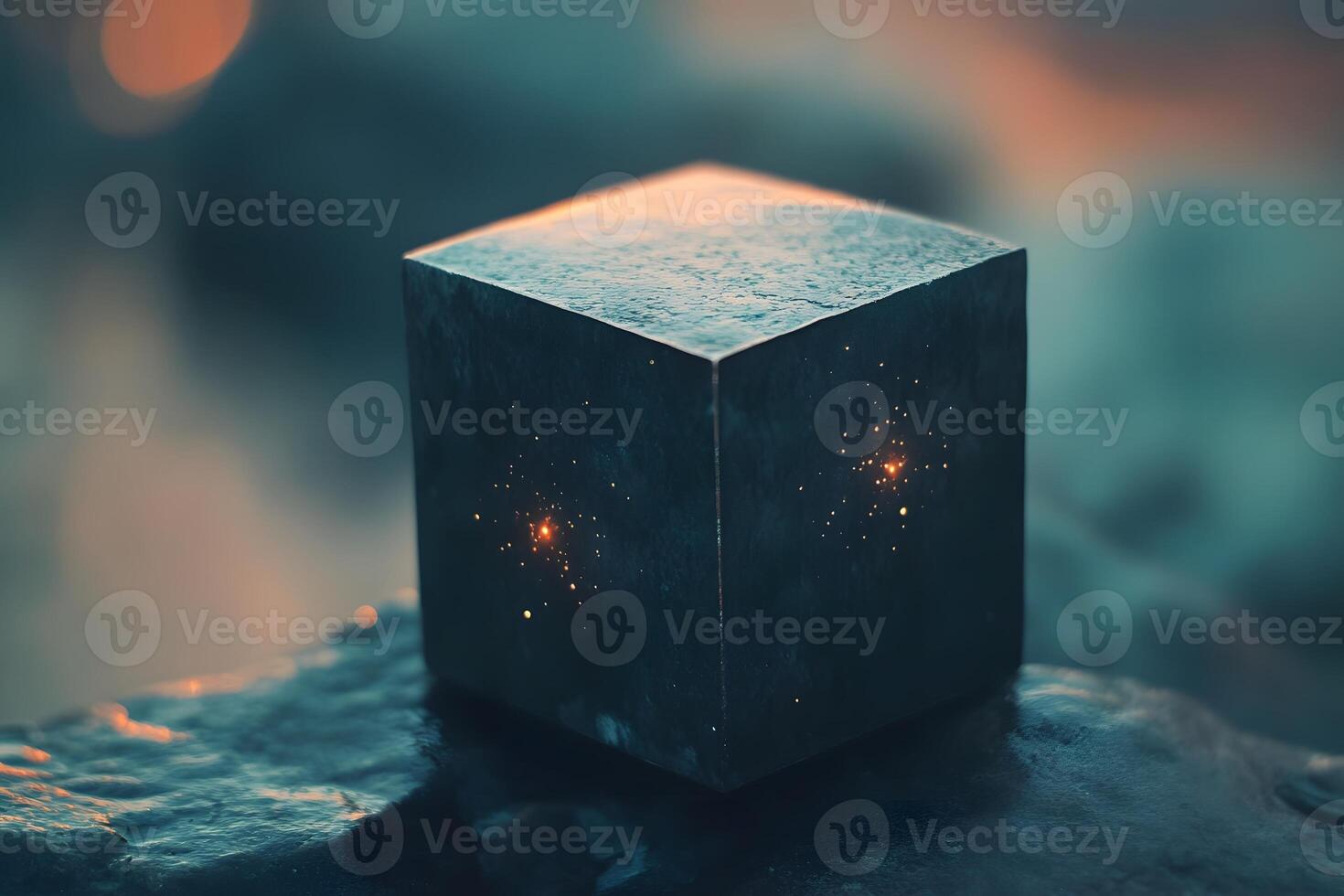 Cube enigma sunset, rocks, cosmic dust photo