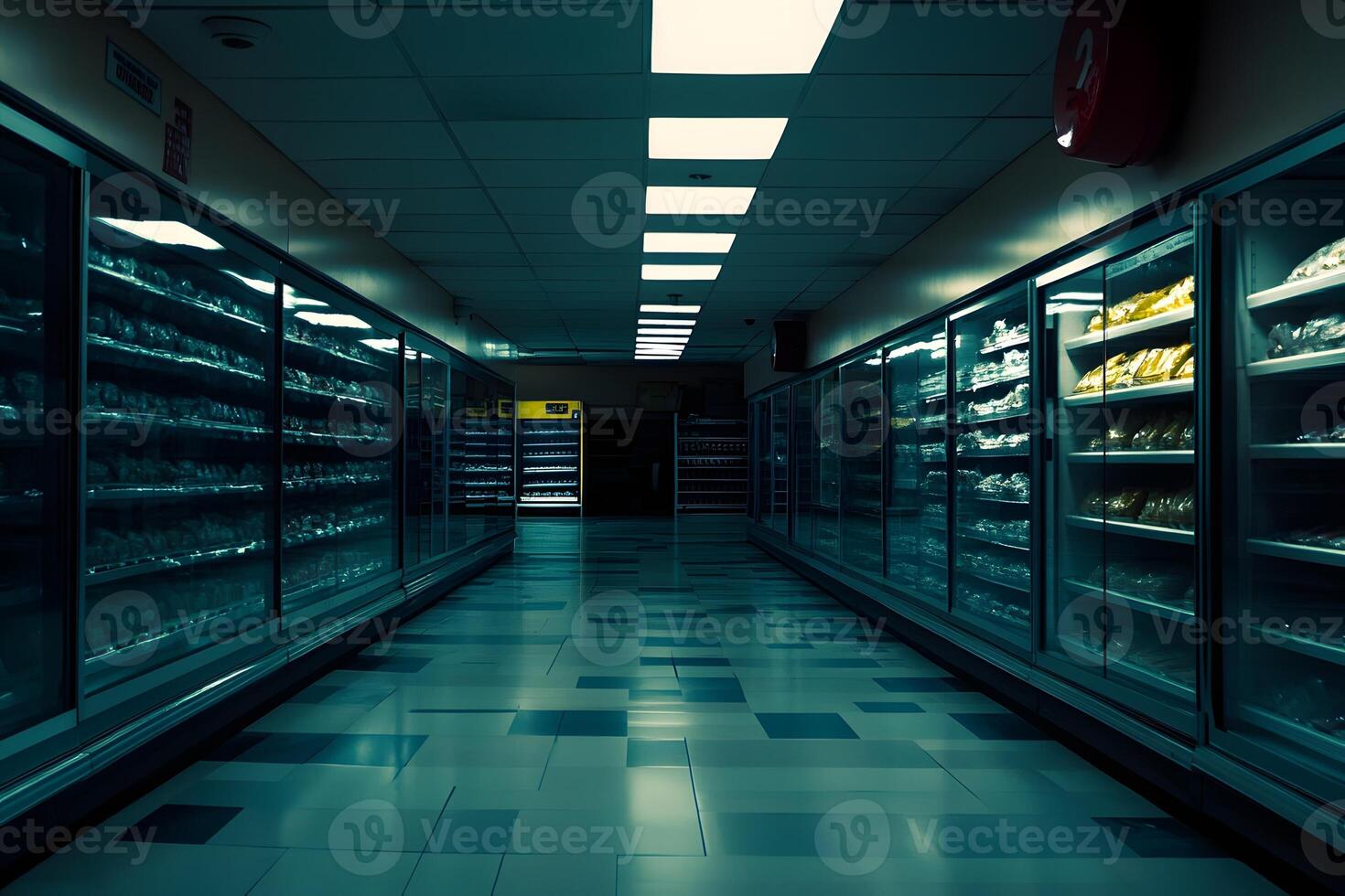Empty store aisle, night, refrigerated goods, dark photo