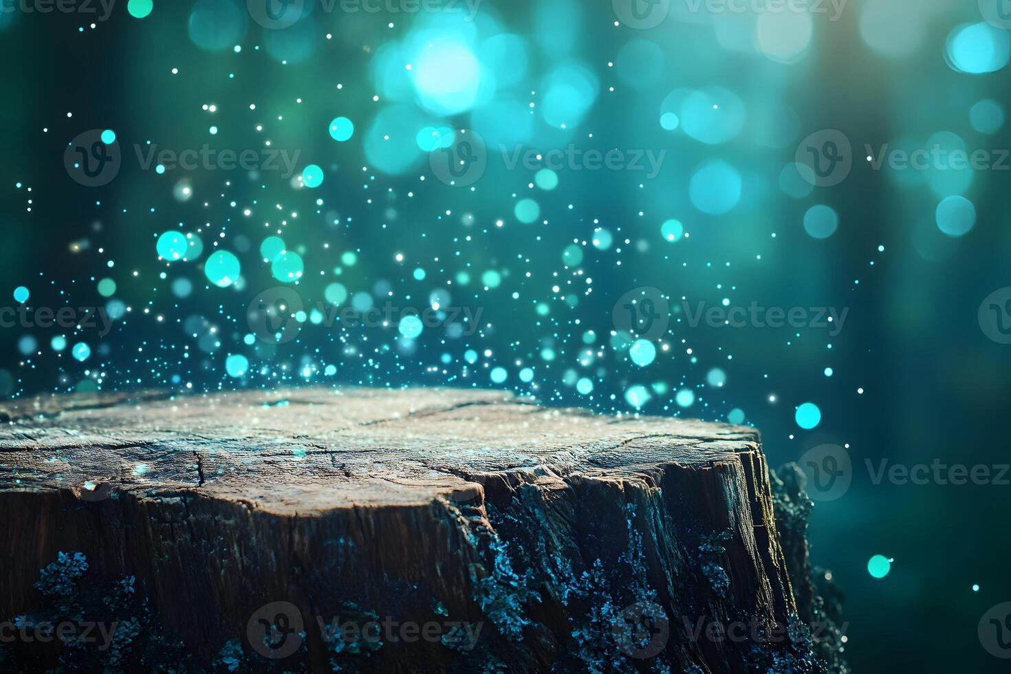 Enchanted forest stump, glowing particles, product display photo