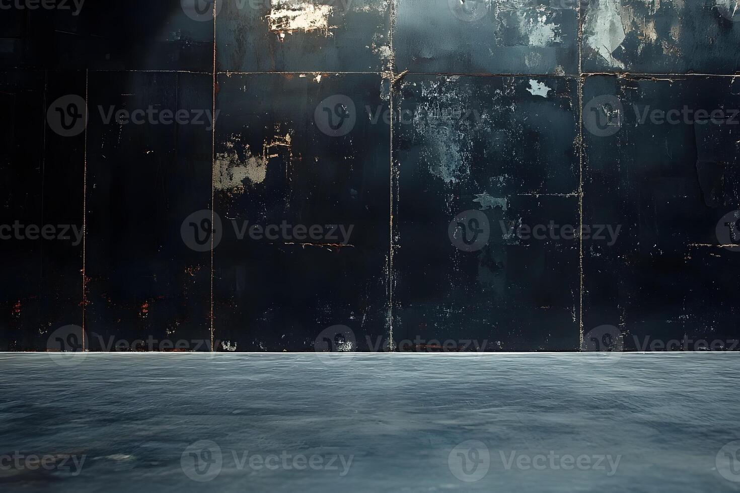 Dark grunge studio backdrop, textured metal wall, concrete floor, industrial setting photo