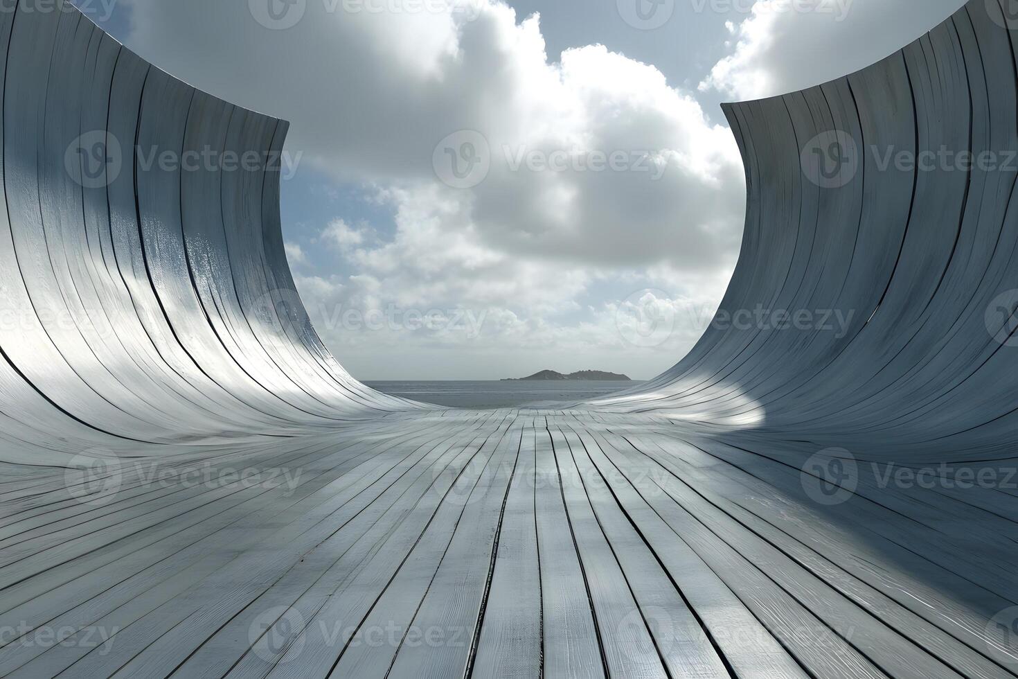 Curved metal tunnel, ocean view, cloudy sky, architectural design photo