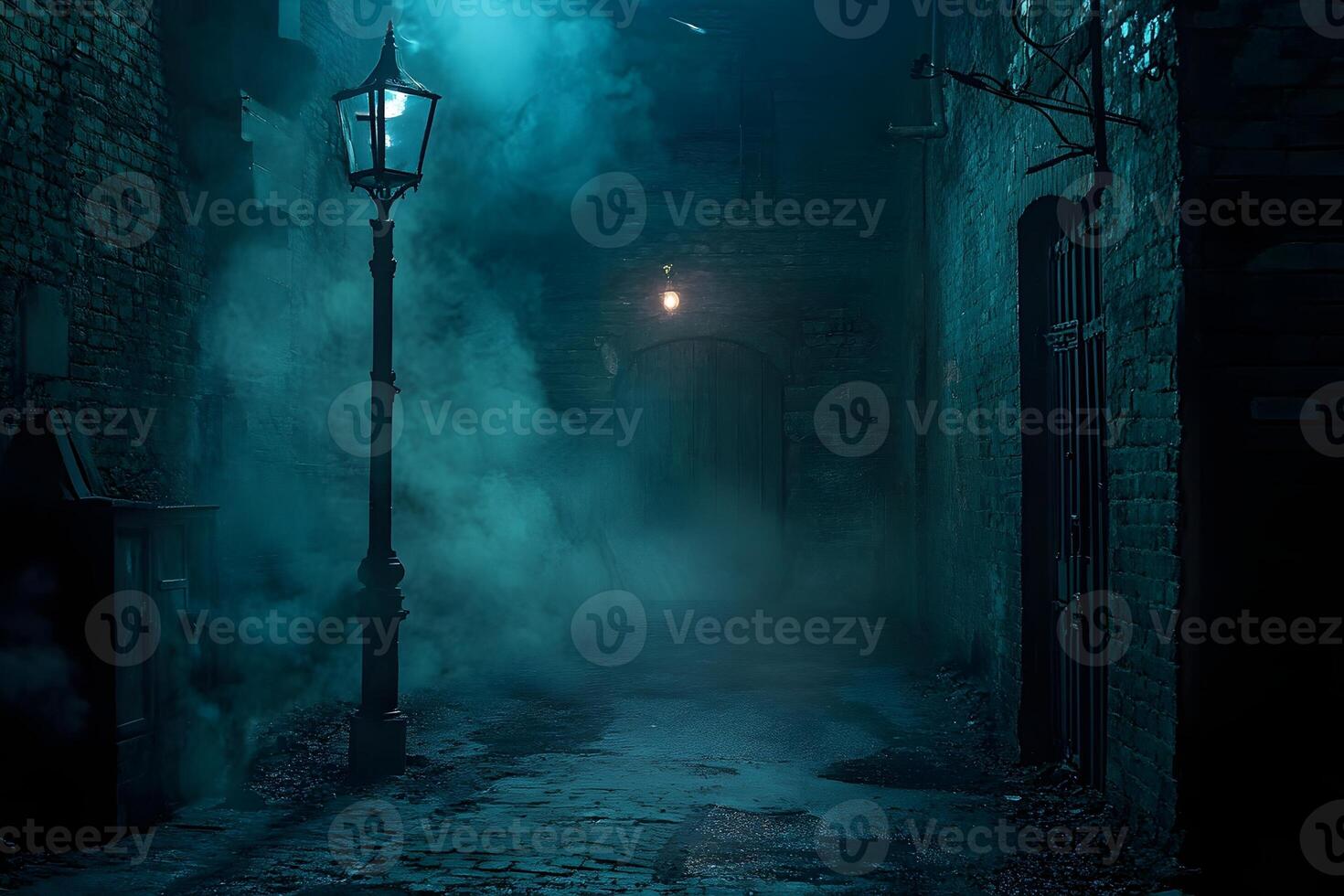 Foggy Night Alleyway, Cobblestone Street, Mysterious Scene photo