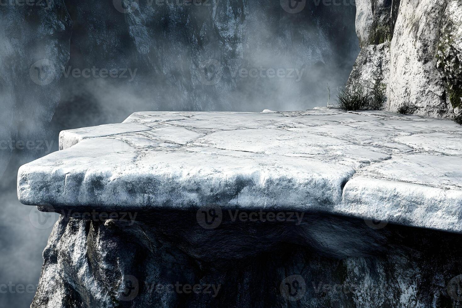 Clifftop stone platform, misty mountains, product display photo