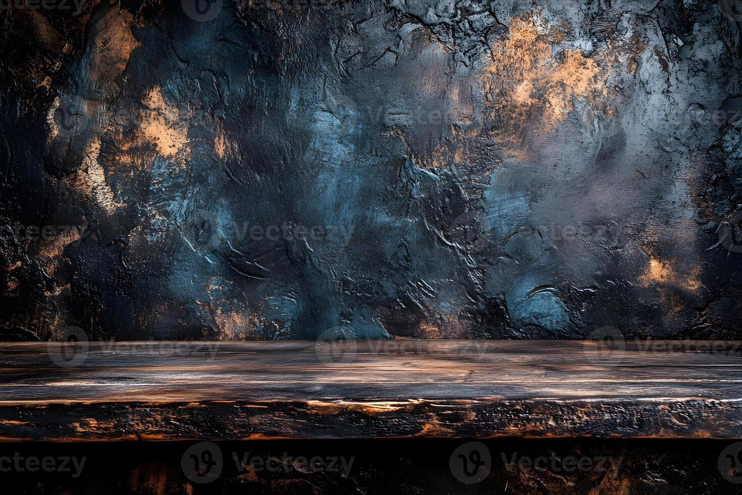 Dark wood shelf, textured wall, studio backdrop, product display photo